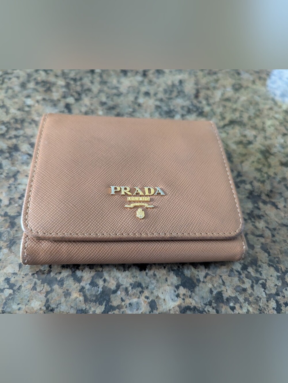 Prada Saffiano Compact Wallet -  Beige with Gold Logo